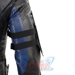 Bullseye Lester cosplay costume side harness close-up stacks gray sheaths along blue and black waist panels