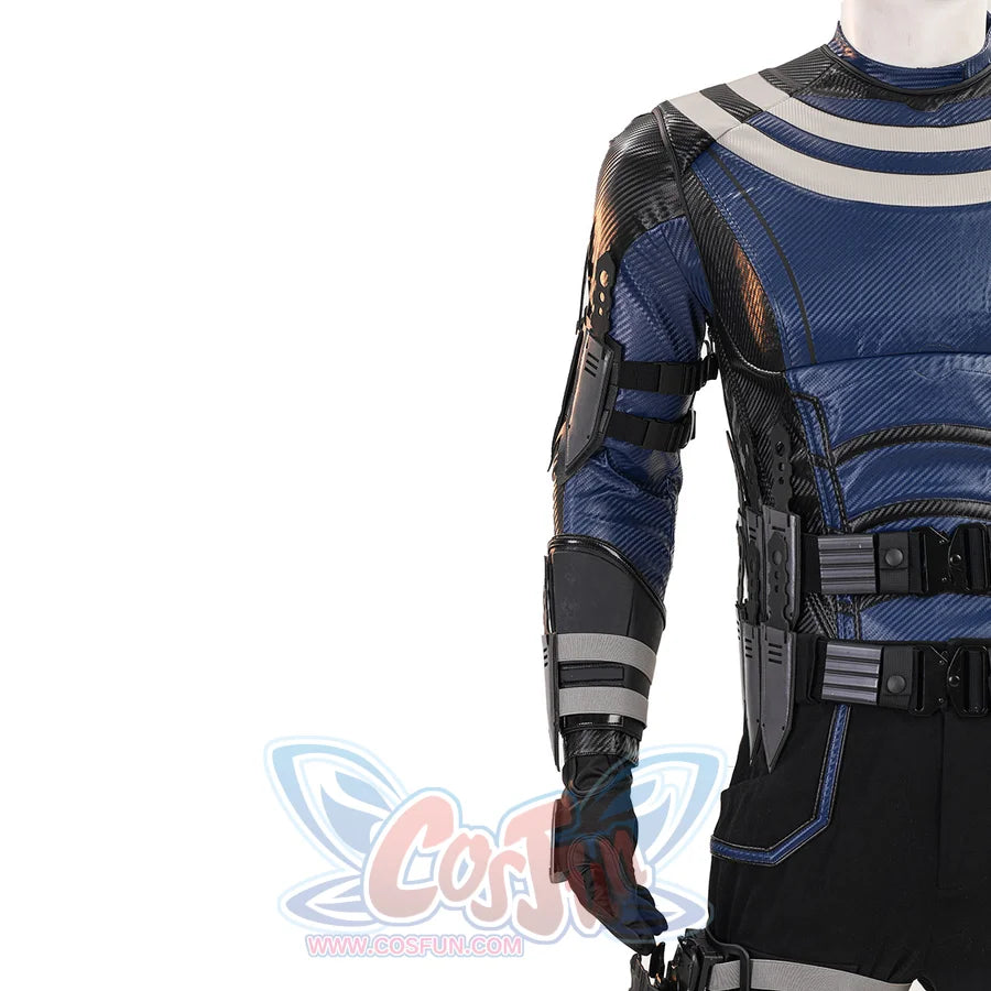 Bullseye Lester cosplay costume side torso detail layers black straps over blue patterned fabric