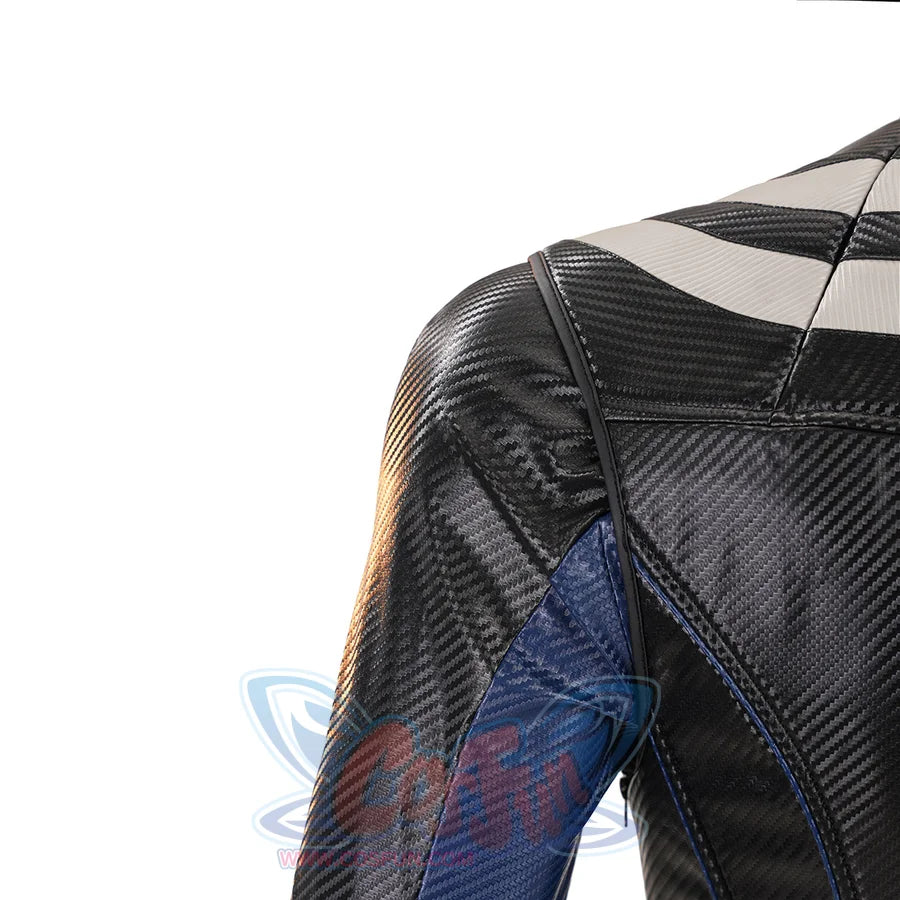 Bullseye Lester cosplay costume sleeve strap detail crosses black bands over a blue textured arm panel
