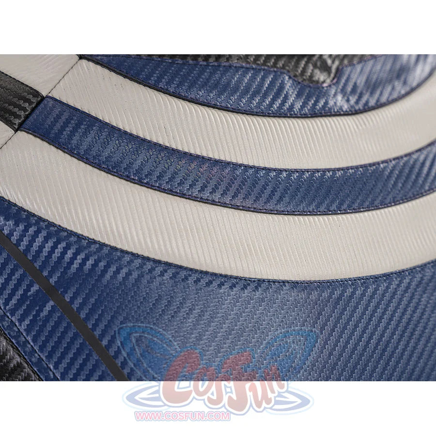 Bullseye Lester cosplay costume fabric detail zooms into white stripes over blue textured shoulder panels
