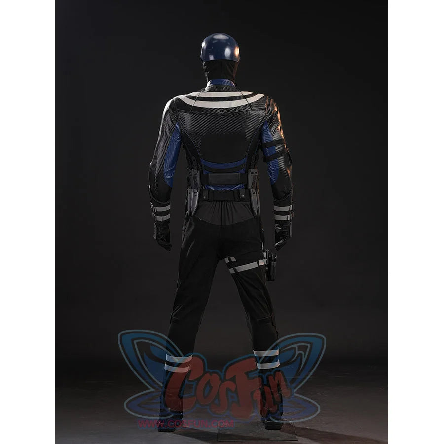 Bullseye Lester cosplay costume back view frames black rear panels below blue sleeve armor and striped calf bands
