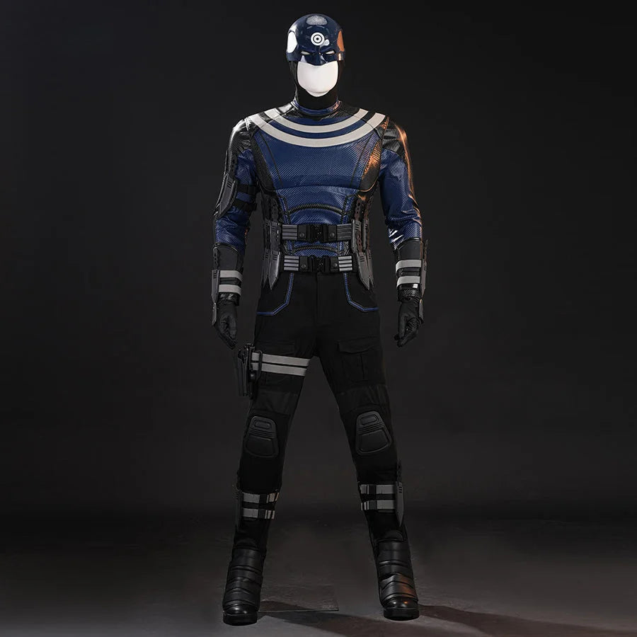 COSFUN Bullseye Lester cosplay costume front view layers blue armor panels over a black tactical suit
