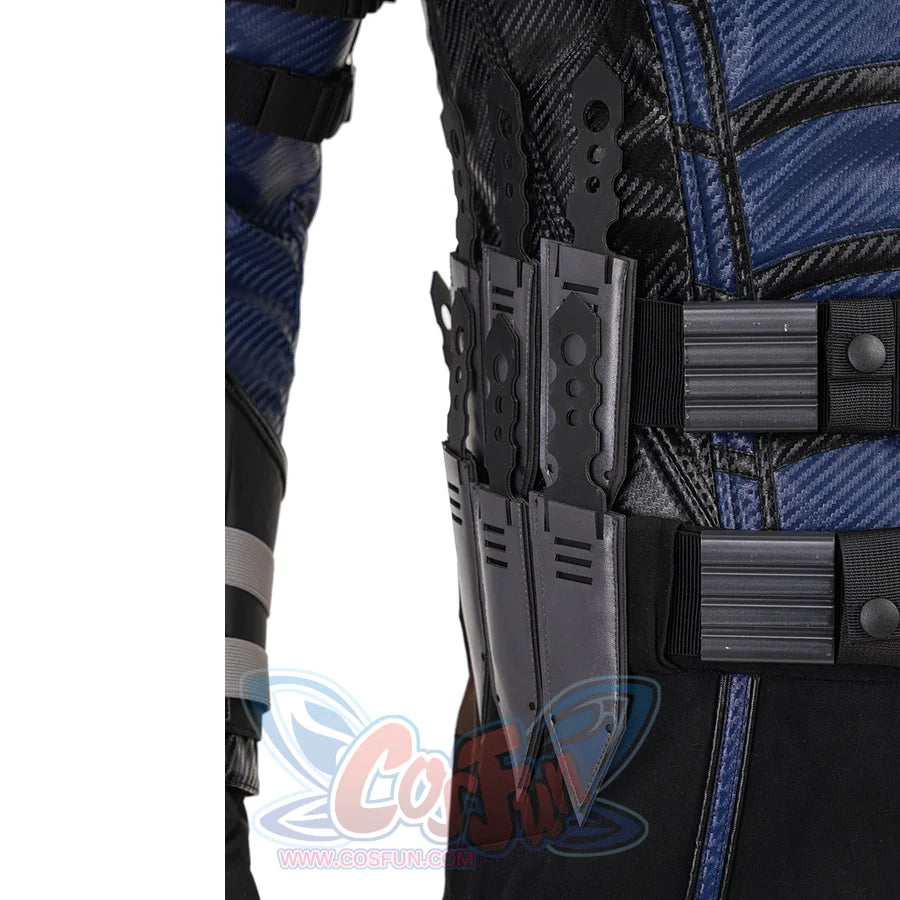 Bullseye Lester cosplay costume thigh sheath detail secures a gray holster beside black leg armor