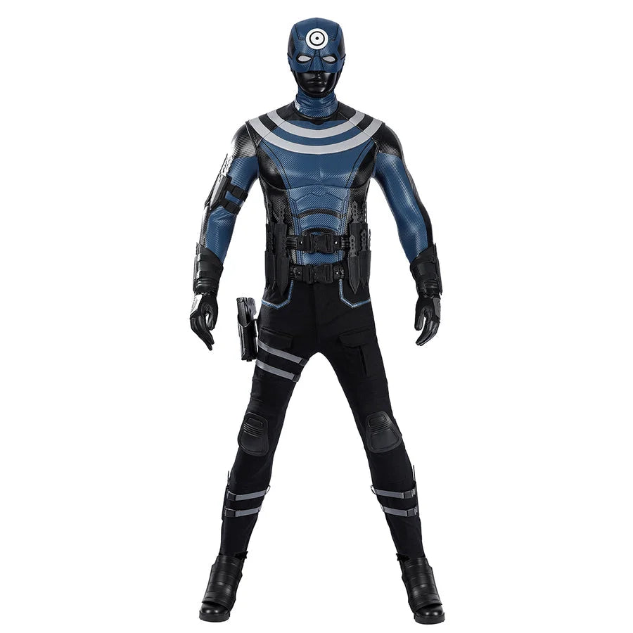 COSFUN Bullseye Lester cosplay costume centers a tactical vest with target emblem and matching knife sets for play.
