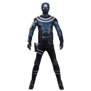 COSFUN Bullseye Lester cosplay costume centers a tactical vest with target emblem and matching knife sets for play.