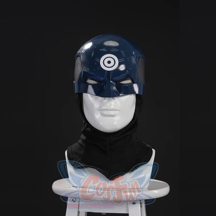 Bullseye Lester cosplay helmet angled view sets glossy blue plating above a black neck cowl