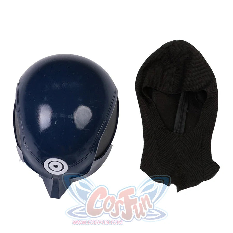 Bullseye Lester cosplay helmet flat lay separates the blue target shell beside the black fabric cowl