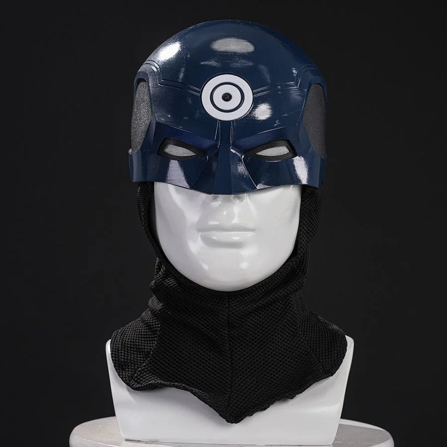COSFUN Bullseye Lester cosplay helmet front view pairs a blue target-marked shell with a black cowl