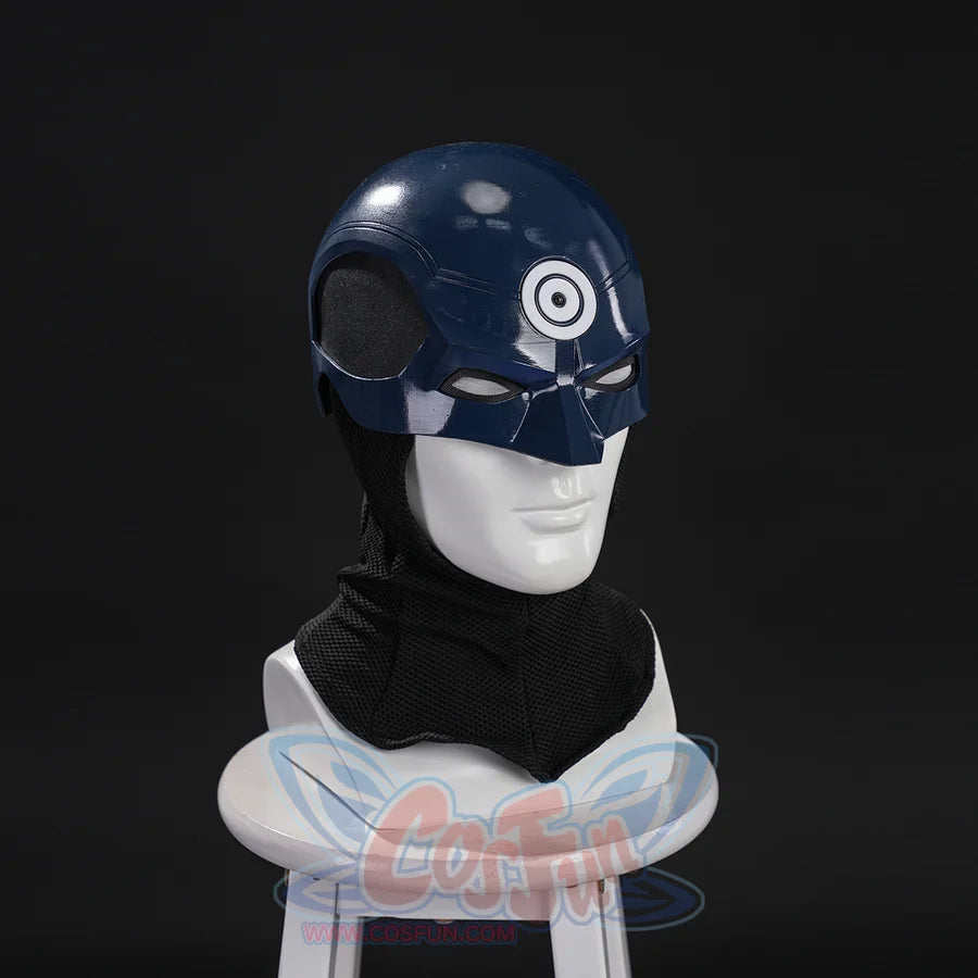 Bullseye Lester cosplay helmet side view highlights the white target mark across a glossy blue shell