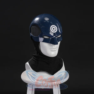 Bullseye Lester cosplay helmet side view highlights the white target mark across a glossy blue shell