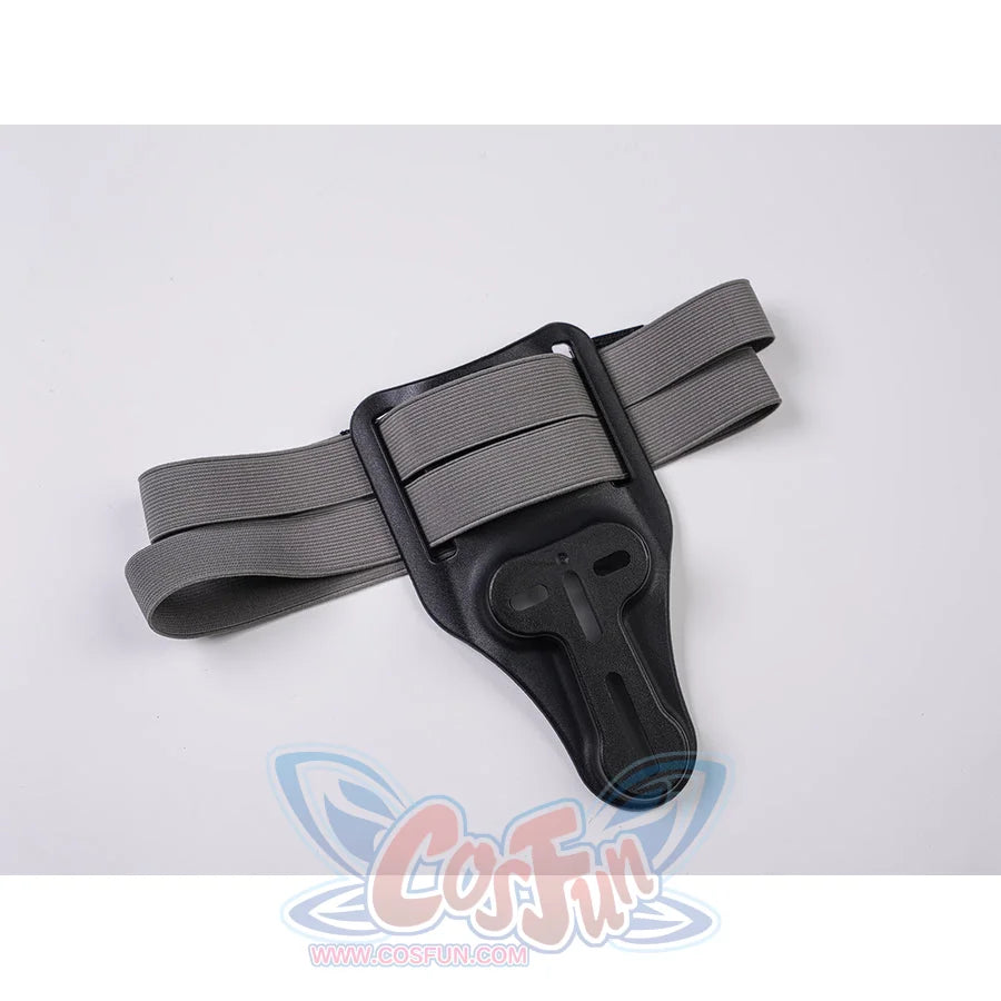 Bullseye Lester cosplay knife strap accessory presents a gray sheath secured by black elastic bands
