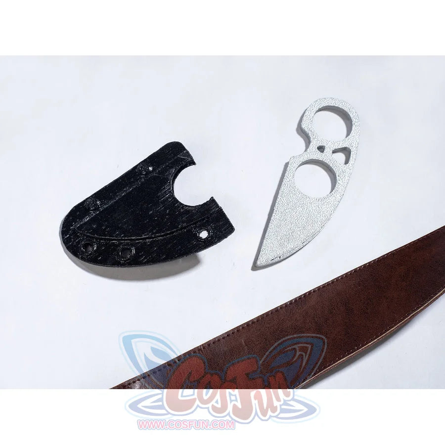 Bullseye Lester cosplay costume lays tactical accessory pieces beside the brown belt strap.