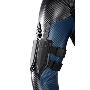 Bullseye Lester cosplay costume arm sleeve secures sharp throwing knives within two molded holsters fastened by straps.