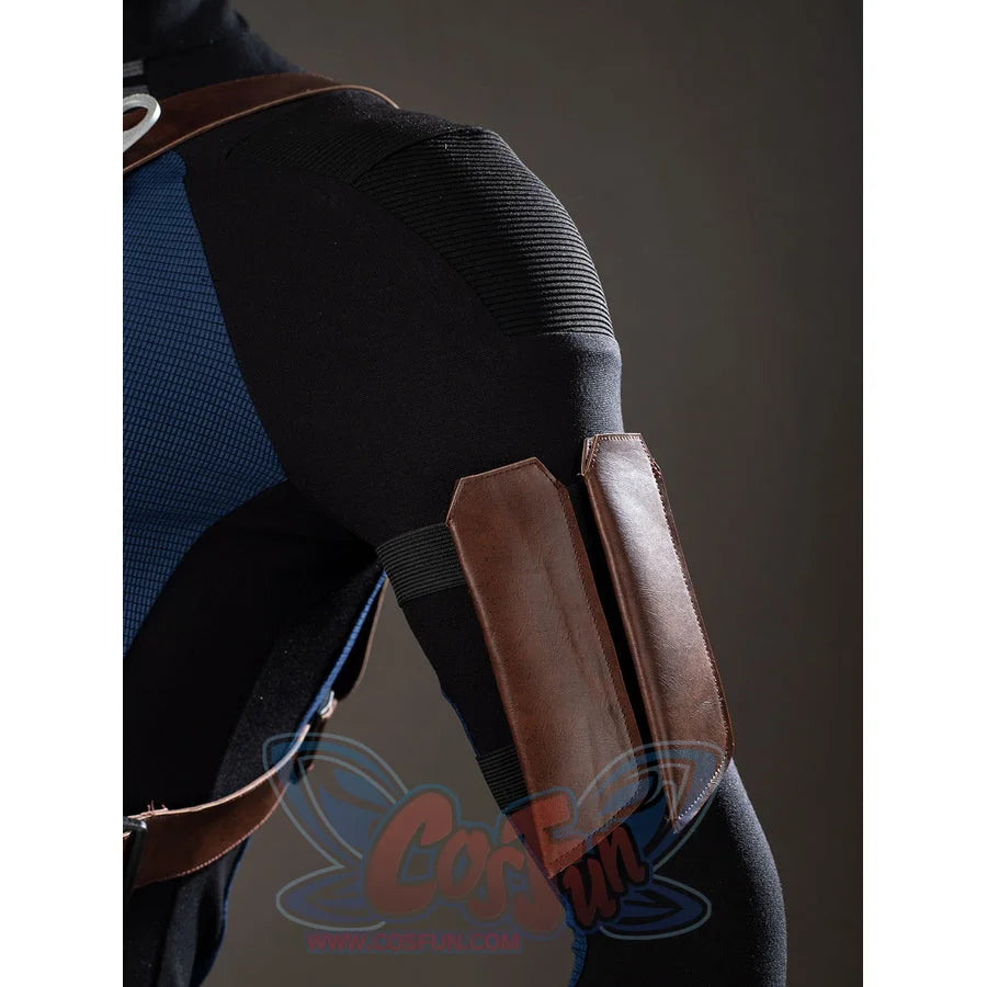 Bullseye Lester cosplay costume sets the brown arm sheath against the black sleeve panel.
