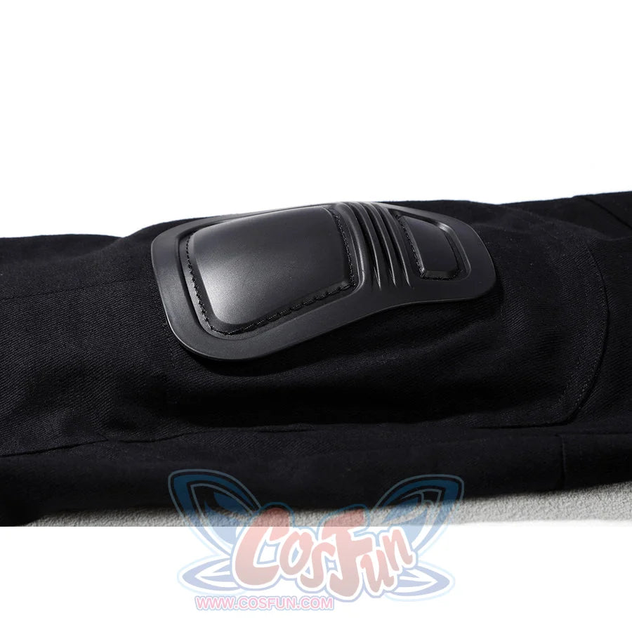 Bullseye Lester cosplay costume centers a reinforced black armor pad attached to the sturdy stretch fabric leg section.