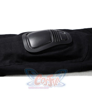 Bullseye Lester cosplay costume centers a reinforced black armor pad attached to the sturdy stretch fabric leg section.