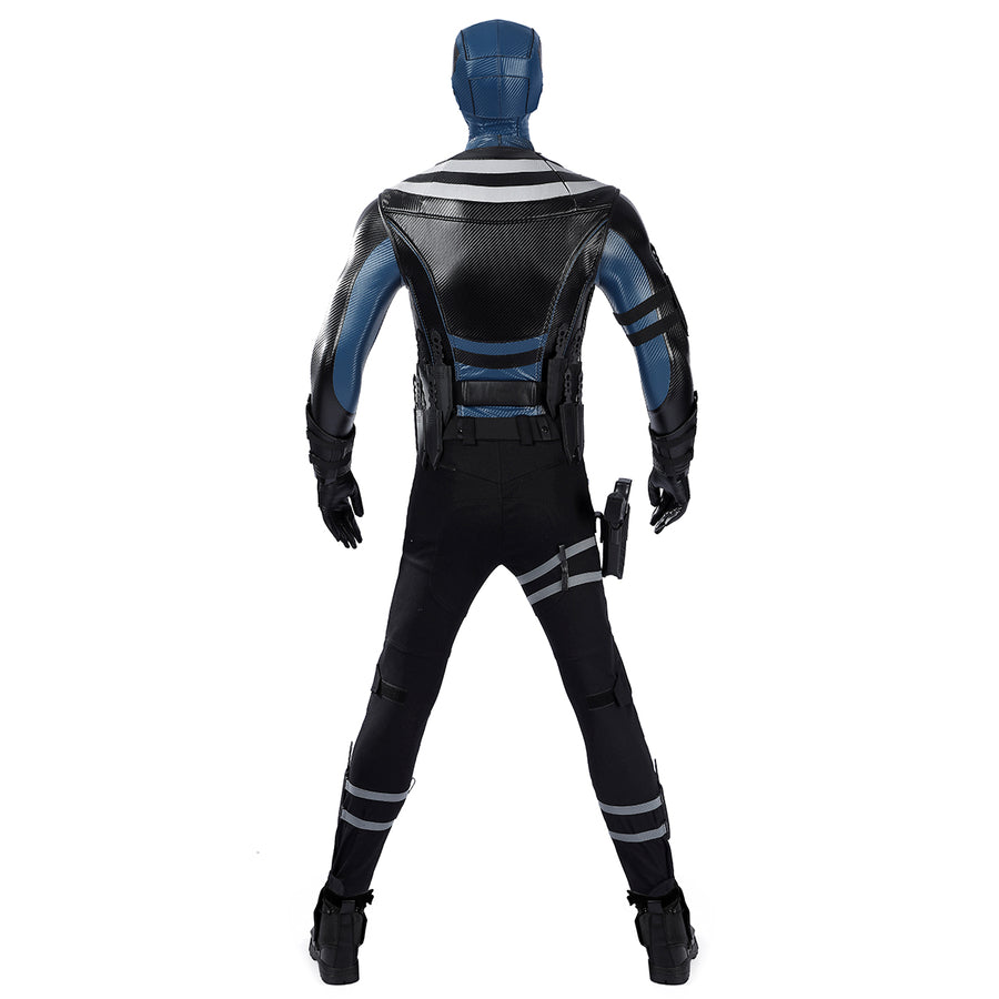 COSFUN Bullseye Lester cosplay costume centers a tactical vest with target emblem and matching knife sets for play.