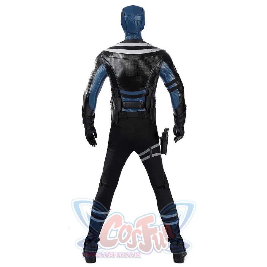 COSFUN Bullseye Lester cosplay costume centers a tactical vest with target emblem and matching knife sets for play.