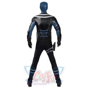 Bullseye Lester cosplay costume back view layers textured faux leather panels with tactical thigh straps.