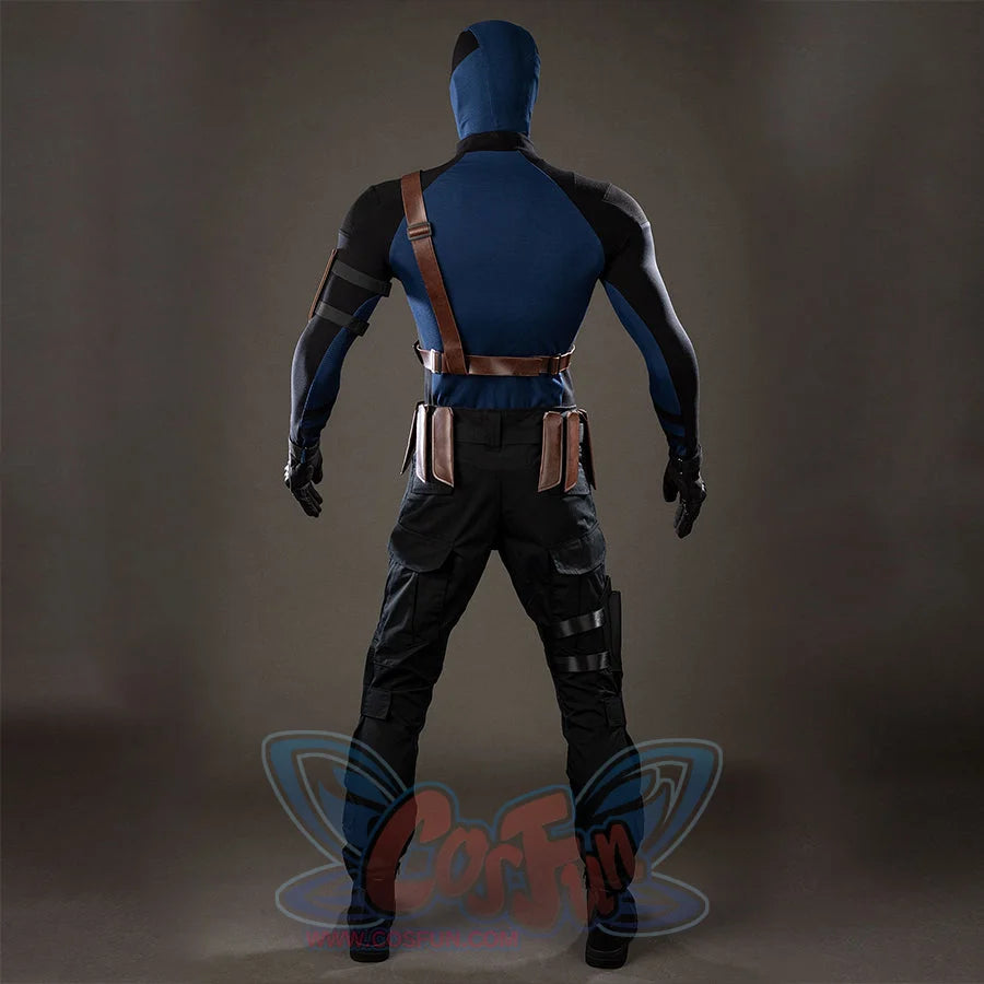 Bullseye Lester cosplay costume turns the crossed harness straps across the blue back panel and belt pouches.