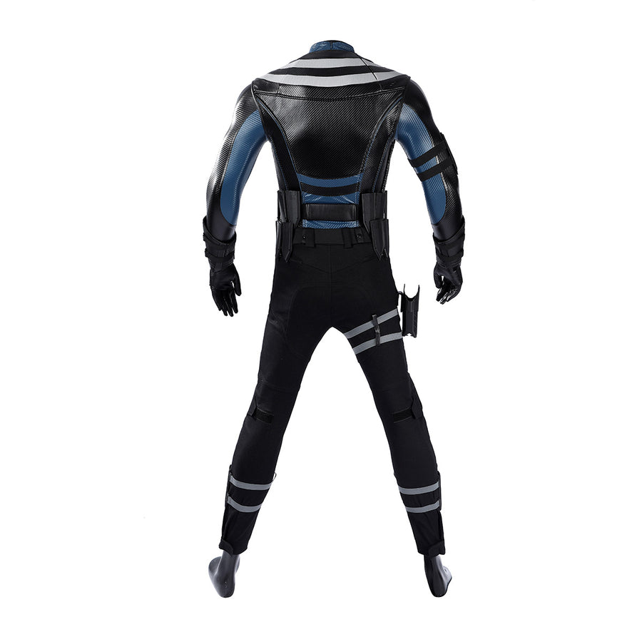 Bullseye Lester cosplay costume back straps anchor a black vest above fitted pants and thigh holsters.
