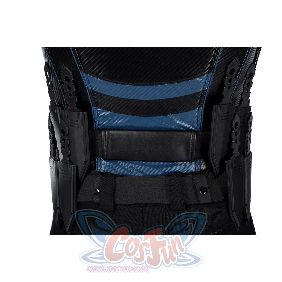 Bullseye Lester cosplay costume back waist knives sit against blue and black faux leather vest panels.