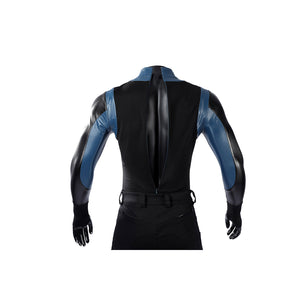 Bullseye Lester cosplay costume back zipper detail runs through the black vest between blue sleeves.