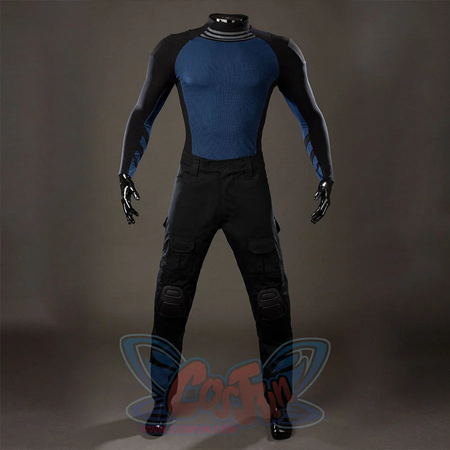 Bullseye Lester cosplay costume centers the blue and black base top above black cargo pants.