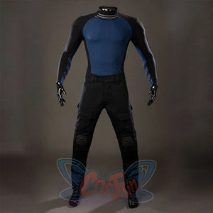 Bullseye Lester cosplay costume centers the blue and black base top above black cargo pants.
