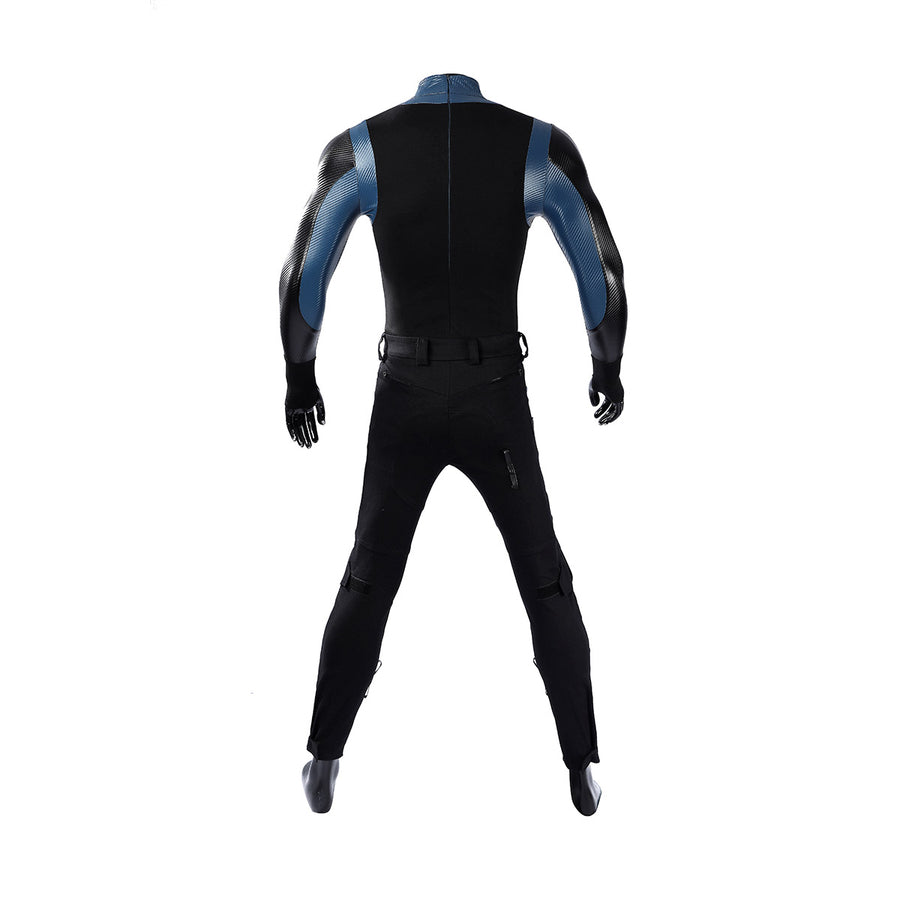 Bullseye Lester cosplay costume black back panel curves between blue sleeves and fitted tactical pants.