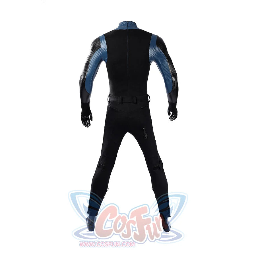 Bullseye Lester cosplay costume black back panel curves between blue sleeves and fitted tactical pants.