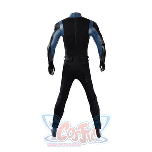 Bullseye Lester cosplay costume black back panel curves between blue sleeves and fitted tactical pants.
