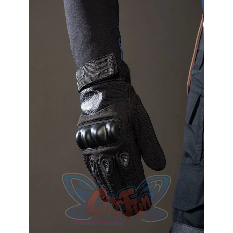 Bullseye Lester cosplay costume frames the black glove and knuckle padding at the wrist.