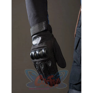 Bullseye Lester cosplay costume frames the black glove and knuckle padding at the wrist.