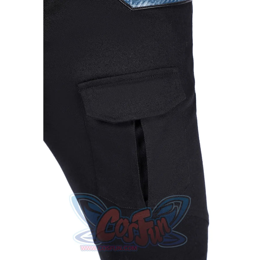 Bullseye Lester cosplay costume black cargo pants detail centers a structured side pocket with a flap and vertical slot.
