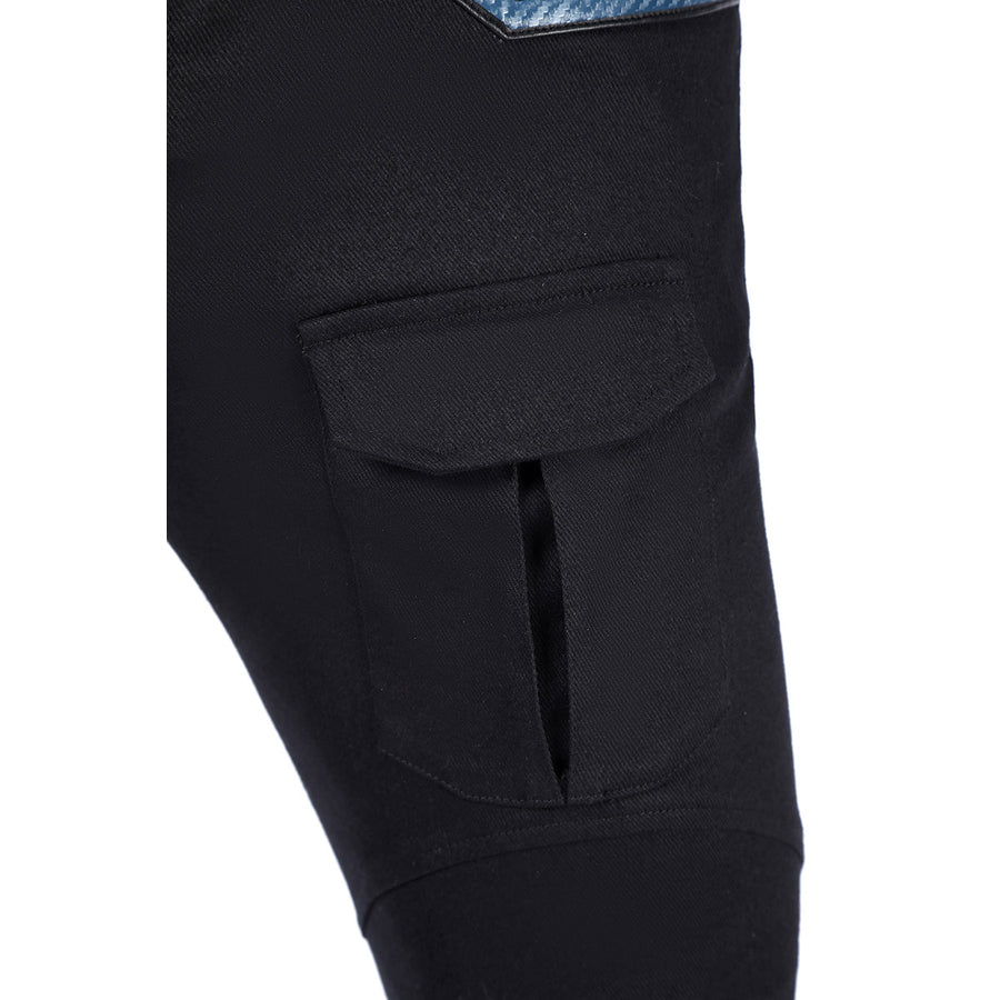 Bullseye Lester cosplay costume black cargo pants detail centers a structured side pocket with a flap and vertical slot.