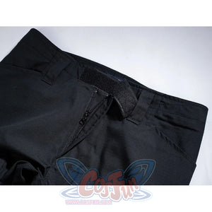 Bullseye Lester cosplay costume opens a cargo pocket detail along the black pant side.