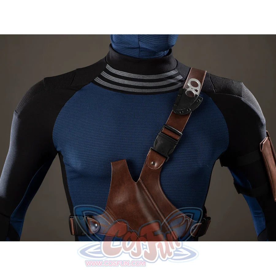 Bullseye Lester cosplay costume traces brown harness straps across the blue ribbed chest.