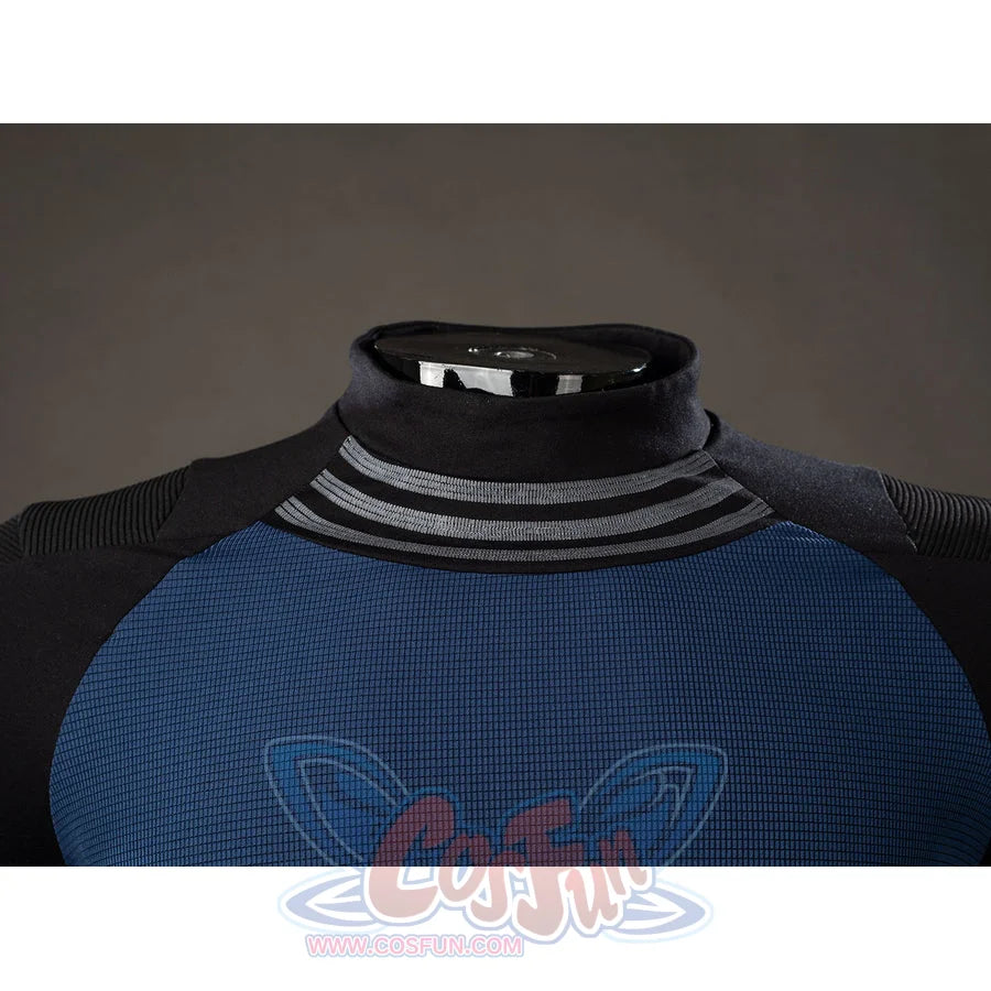 Bullseye Lester cosplay costume layers gray neck trim around the blue collar and upper chest.