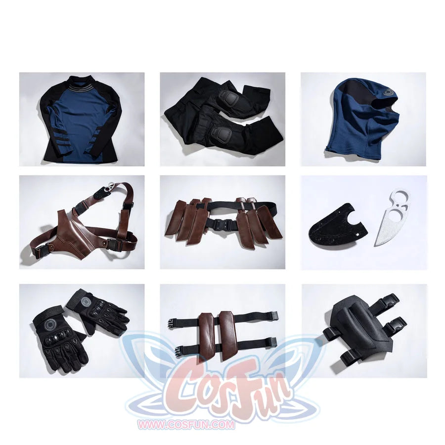 Bullseye Lester cosplay costume lays the full costume pieces into a flat-lay overview.