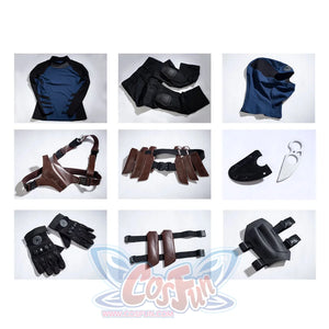 Bullseye Lester cosplay costume lays the full costume pieces into a flat-lay overview.