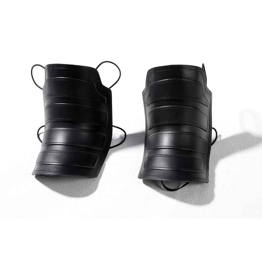 Bullseye Lester cosplay costume centers these durable black faux leather forearm guards with secure attachment loops.
