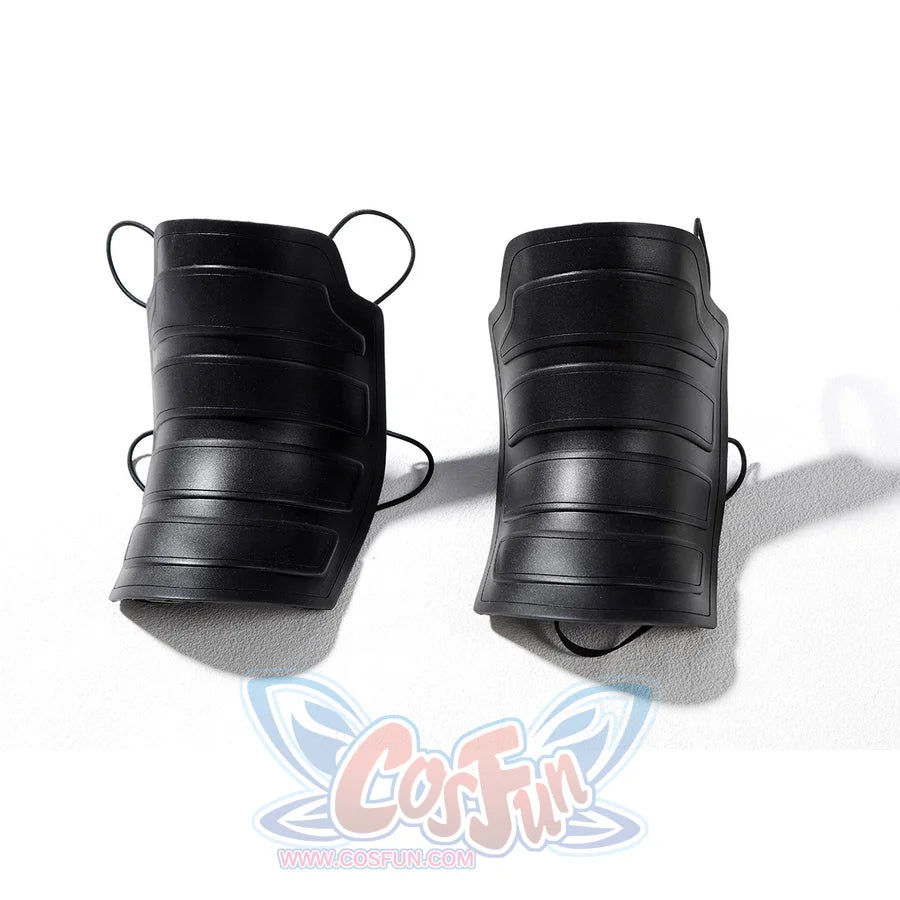 Bullseye Lester cosplay costume centers these durable black faux leather forearm guards with secure attachment loops.