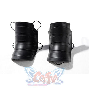Bullseye Lester cosplay costume centers these durable black faux leather forearm guards with secure attachment loops.