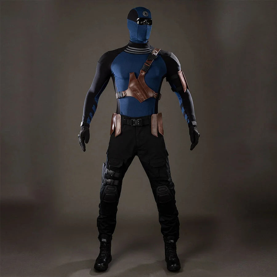 COSFUN Bullseye Lester cosplay costume centers the blue hooded top under brown harness straps and black tactical pants.