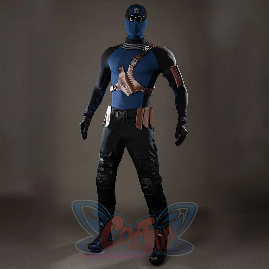 Bullseye Lester cosplay costume sets brown chest harness straps over the ribbed blue top and black pants.