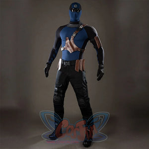 Bullseye Lester cosplay costume sets brown chest harness straps over the ribbed blue top and black pants.