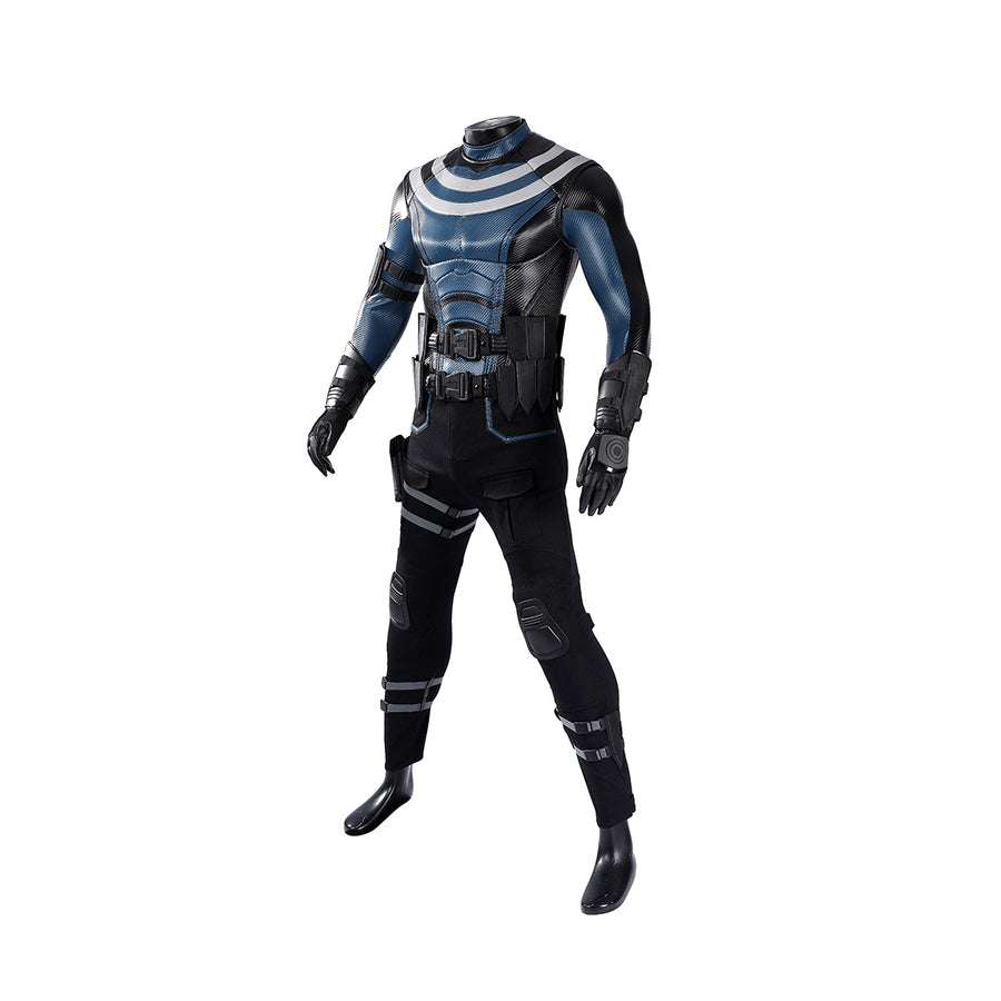 Bullseye Lester cosplay costume layers a blue textured vest over dark utility pants with integrated straps and gear sets.