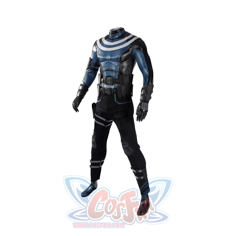 Bullseye Lester cosplay costume layers a blue textured vest over dark utility pants with integrated straps and gear sets.
