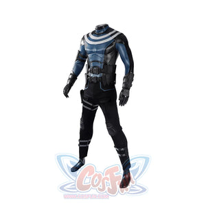 Bullseye Lester cosplay costume layers a blue textured vest over dark utility pants with integrated straps and gear sets.